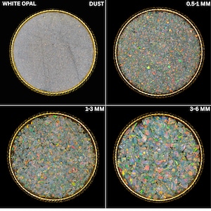 May include: A collection of white opal samples, including dust and various sizes from 0.5-1 mm to 3-6 mm. Each sample is displayed in a circular, gold-rimmed container against a black background. The opal fragments exhibit iridescent colors.