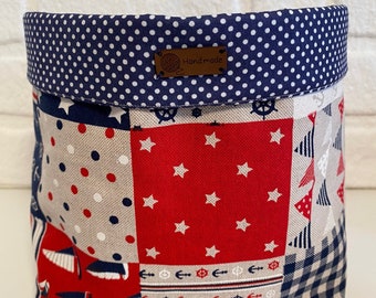 Cesto artesanal em tecido de algodão – Caixa organizadora com patchwork náutico