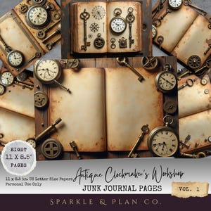 Peut inclure: Pages de journal de style antique avec des horloges, des clés et des engrenages vintage. Le texte sur l'image indique "Antique Clockmaker's Workshop" et "11 x 8.5" Pages".