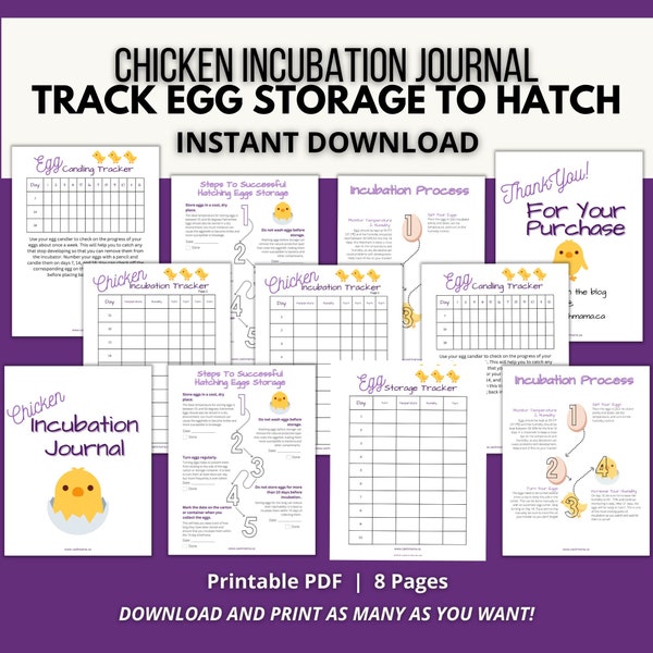 Diario de incubación de pollos, rastreador de eclosión imprimible, registro de eclosión de bandadas en el patio trasero, libro de registro de incubación