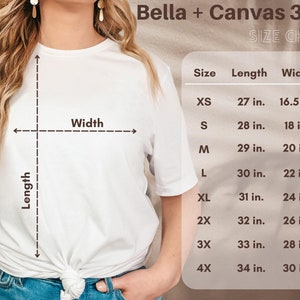 May include: Size chart for Bella + Canvas 3001 t-shirts, showing measurements in inches for XS, S, M, L, XL, 2X, 3X, and 4X sizes. The chart shows the length and width of each size.