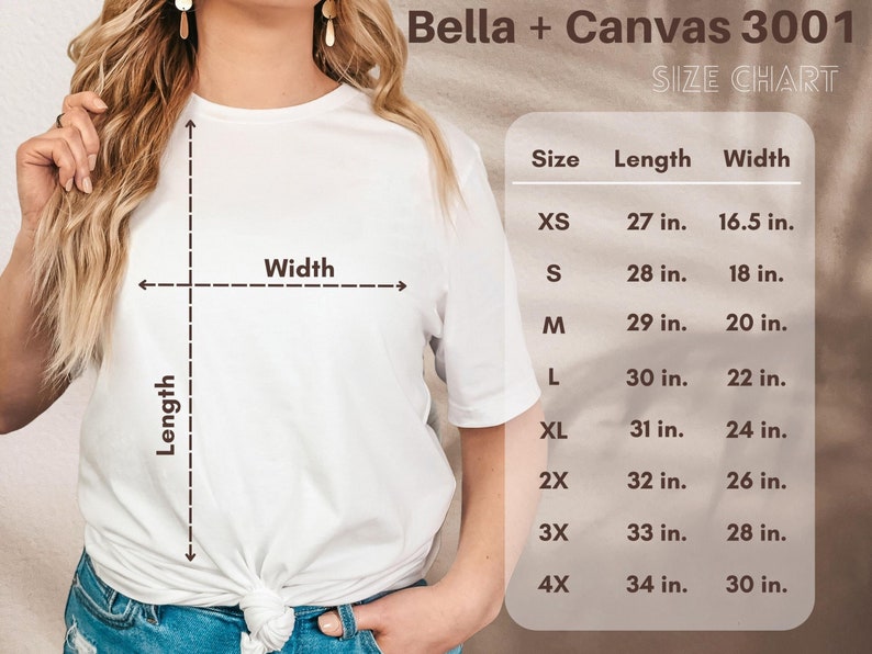 May include: Size chart for Bella + Canvas 3001 t-shirts, showing measurements in inches for XS, S, M, L, XL, 2X, 3X, and 4X sizes. The chart shows the length and width of each size.