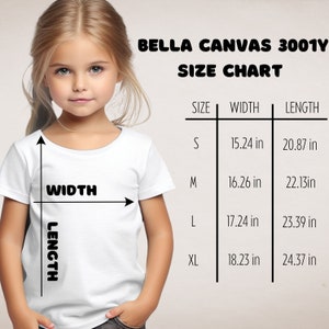 May include: Bella Canvas 3001Y size chart for t-shirts. The chart shows the width and length measurements in inches for sizes S, M, L, and XL.