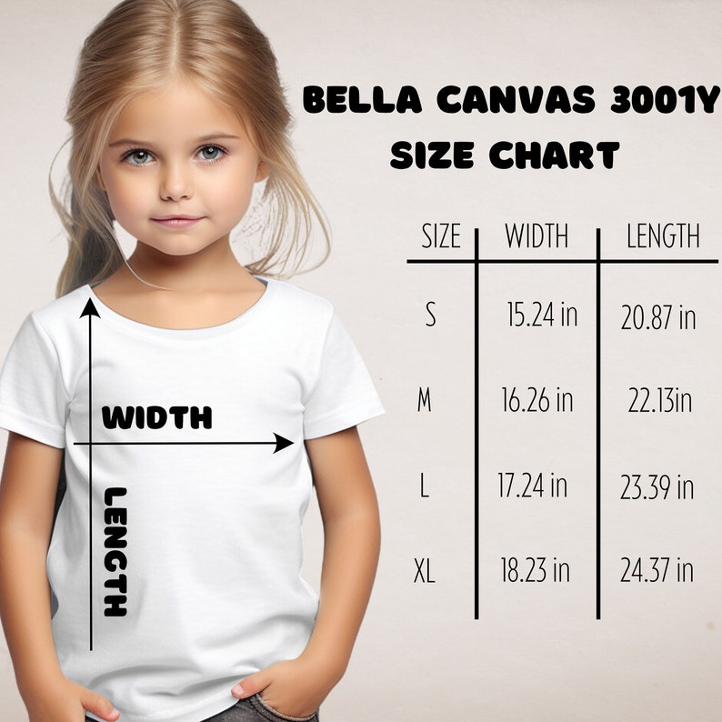 May include: Bella Canvas 3001Y size chart for t-shirts. The chart shows the width and length measurements in inches for sizes S, M, L, and XL.