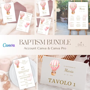 Pacchetto invito battesimo orsetto e mongolfiera rosa Modificabile con Canva | Invito Battesimo Ragazza | Kit Feste Nascita Bimba | Modello
