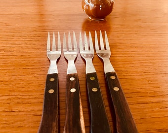 Vintage Kitchenware Rosewood Round Handled Stainless Steel Forks Set of 4 - Made in Japan (1970s)