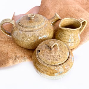 Vintage Tea Set: Australian Stoneware Speckled Earth-Tone Glaze (3-Piece) Stamped VR - Valmai Loudon