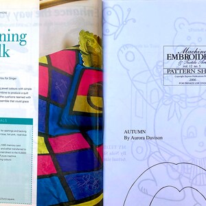 Twp pages of the magazine showing the intact embroidery pattern sheet that comes with this issue. The words stunning silk are on the left hand page.