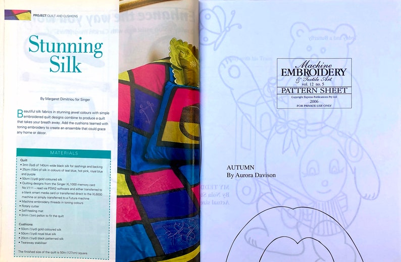 Twp pages of the magazine showing the intact embroidery pattern sheet that comes with this issue. The words stunning silk are on the left hand page.