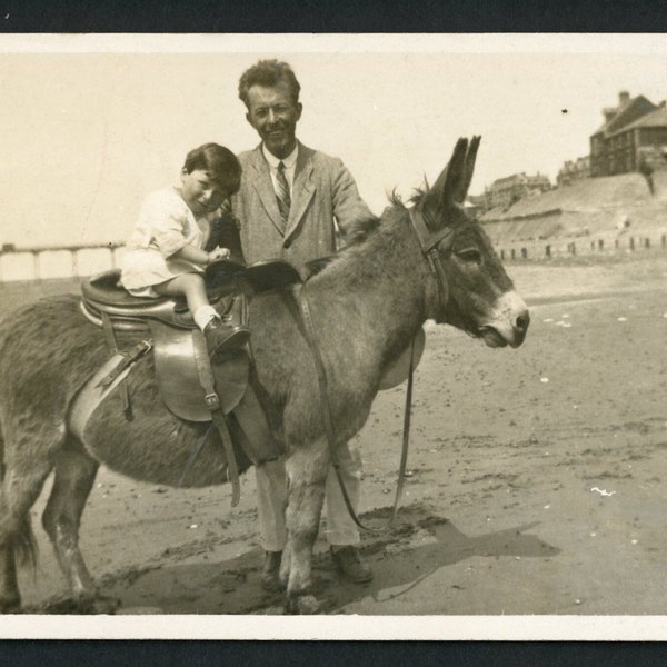 Donkey Ride on the Beach! Father and Son on Burro Original Vintage Photo Snapshot RPPC 1930s Man Toddler Family Animals Equestrian