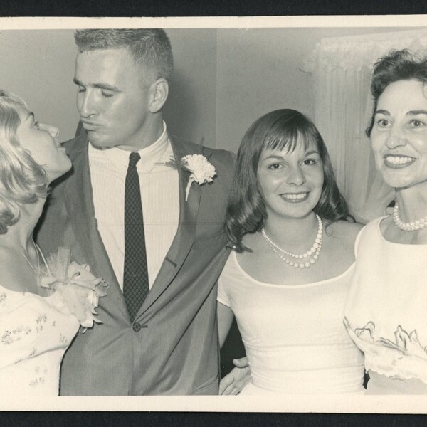 Affectionate Friends Vintage Photo Snapshot 1950s Mid Century Man Smiling Women About to Kiss Fashion Dress and Suit