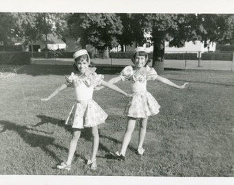 Cute Girls in Matching Dance Costumes Pose Original Vintage Photo Snapshot 1960s Twin Sisters ? Fashion Family