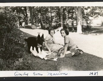 Women Sit on Blanket in Park with Cute Black Border Collie Terrier Mix Dog Original Vintage Photo Snapshot 1930s Family Pets Puppy