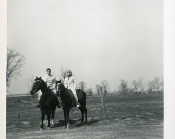 Couple on Horseback Rural Landscape Original Vintage Photo Snapshot 1950s Man Woman Family Animals Pets Equestrian Country Life