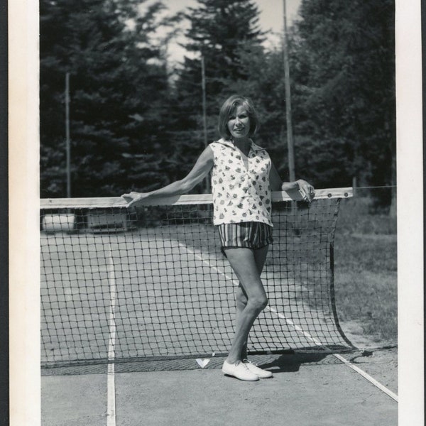 Tennis Anyone?  Middle Aged Woman Poses on Court Vintage Photo Snapshot 1960s Family Fashion Sports Suburbia
