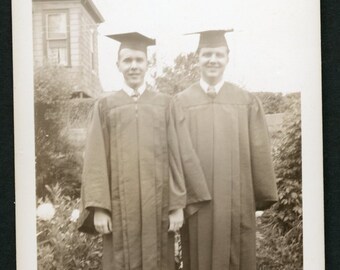 Handsome Men Friends Graduation Cap and Gown Pose in Back Yard Vintage Photo Snapshot 1940s Fashion Man College Cute Guy Identified