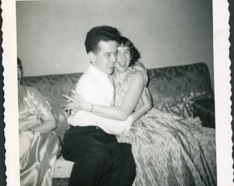 Affectionate Happy Lovebirds Couple Hug Cuddle Embrace on Sofa Man Woman Vintage Photo Snapshot 1950s Fashion Romance Love