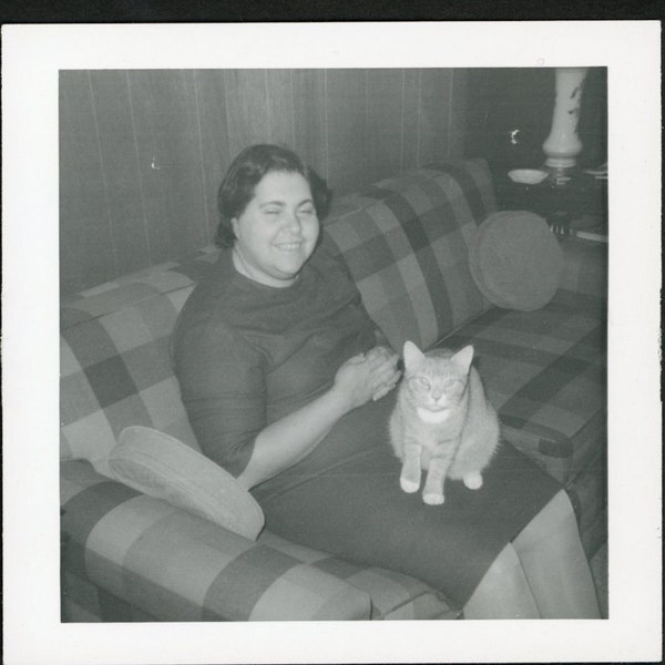 Woman Sitting on Sofa with Cute Tabby Cat on Lap Original Vintage Photo Snapshot 1960s Fashion Family Pets Kitten Mid Century Interior