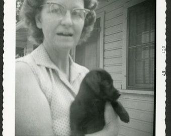 Woman Cat Eye Glasses Holding Cute Puppy Original Vintage Photo Snapshot 1950s Fashion Family Pets Black Lab Labrador