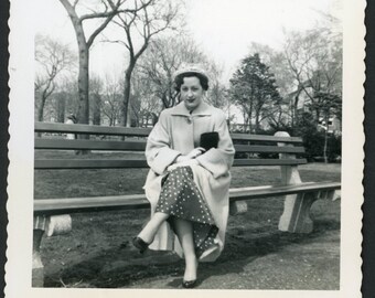 Fashionable Woman on Park Bench Dressed for Easter Sunday Polka Dot Dress Hat Coat Vintage Square Photo Snapshot 1950s Fashion Mid Century