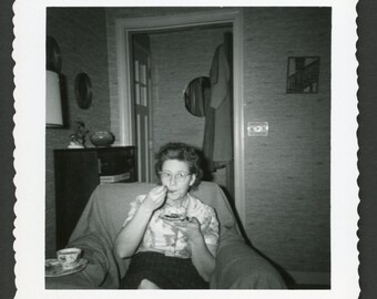 Delicious! Woman in Living Room Chair Eating Pie Teacup Vintage Photo Snapshot 1960s Fashion Interior Food