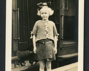 Traveling Clothes! Stylish Girl Hair Bow Striped Sweater Stands in Front of Train Original Vintage Photo Snapshot 1920s Fashion