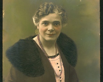 Elegant Rosy Cheeked Older Woman Grey Hair Vintage 6" x 9" Studio Portrait Hand Tinted Photo Fur Collar Stole Beads 1920s Fashion