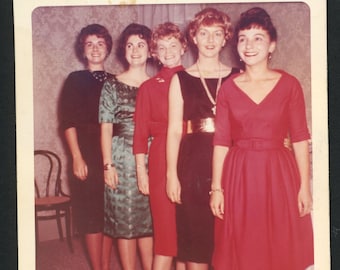 Elegant Stylish Women Identified Wearing Colorful Coctail Dresses at a Party Original Vintage Photo Snapshot 1960s Fashion Mid Century