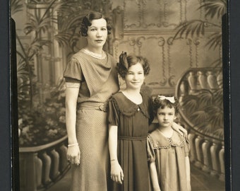 Beautiful Mother and Daughters Vintage Studio Portrait Sepia Photo Woman Girls Dress 1920s Fashion Painted Backdrop Vernacular
