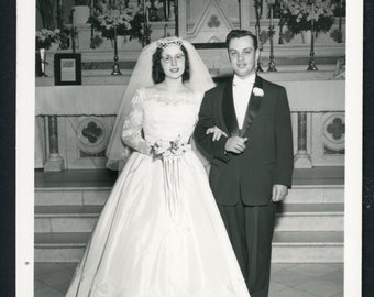 Elegant Bride in Cat Eye Glasses Vintage Wedding Photo Snapshot 1950s Fashion Groom Dress Veil Romance Love