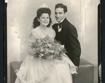 Beautiful Bride and Groom 1940s Wedding Portrait Flower Bouquet Dress Original Vintage Studio Portrait Photo Fashion