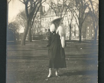 Elegant Stylish Woman White Fox Fur Stole Scarf in Park Original Vintage Photo Snapshot 1920s Fashion Coat Hat Winter