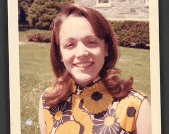 Beautiful Smiling Woman in Sleeveless Mod Floral Print Top Original Vintage Portrait Photo 1960s Fashion Wavy Hair Spring