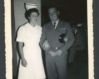 Smiling Woman Nurse with Military Man White Uniform Tall Hat Original Vintage Photo Snapshot 1950s Healthcare Nursing