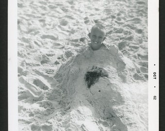 Smiling Boy Buried in Sand Beach Disembodied Head Abstract Original Vintage Photo Snapshot 1960s Fashion Family Summer Fun