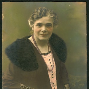 Elegant Rosy Cheeked Older Woman Grey Hair Vintage 6 x 9 Studio Portrait Hand Tinted Photo Fur Collar Stole Beads 1920s Fashion image 1