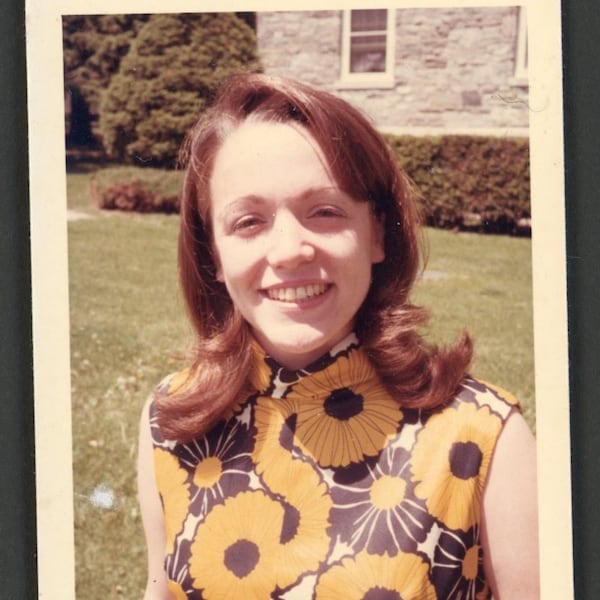 Beautiful Smiling Woman in Sleeveless Mod Floral Print Top Original Vintage Portrait Photo 1960s Fashion Wavy Hair Spring