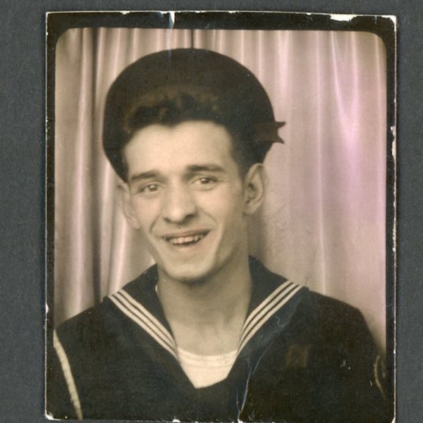 Cute Smiling Rosy Cheeked Sailor Man Vintage Hand Tinted Photo Booth Arcade Snapshot Uniform 1940s Fashion Navy WWII