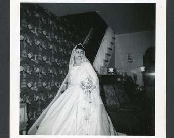 Beautiful Smiling Bride Holding Flower Bouquet Vintage Photo Snapshot 1950s Fashion Lace Veil Details of Dress Written on Back of Photo