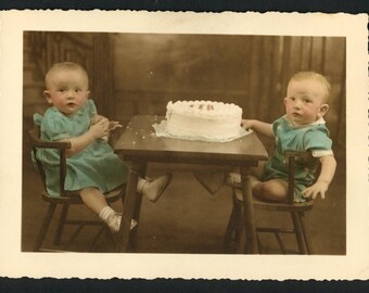 Rosy Cheeked Babies Toddler Twins Seated with Birthday Cake Vintage Studio Portrait Hand Colored Tinted Sepia Photo 1930s Fashion Family