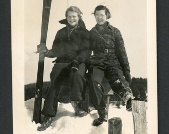 Time to hit the Slopes! Original Vintage Photo Snapshot Smiling Stylish Women with Skis Snow 1930s Fashion Winter Sports Fun