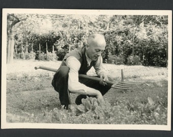 Man Holding Digging Fork Tending Vegetable Garden Original Vintage Photo Snapshot 1930s Fashion Family Gardening Spring