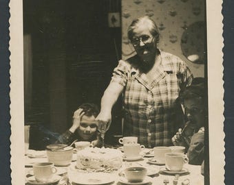 Vintage Photo Snapshot: Woman Cutting Cake Children Look On 1940s Kitchen Table Food Party