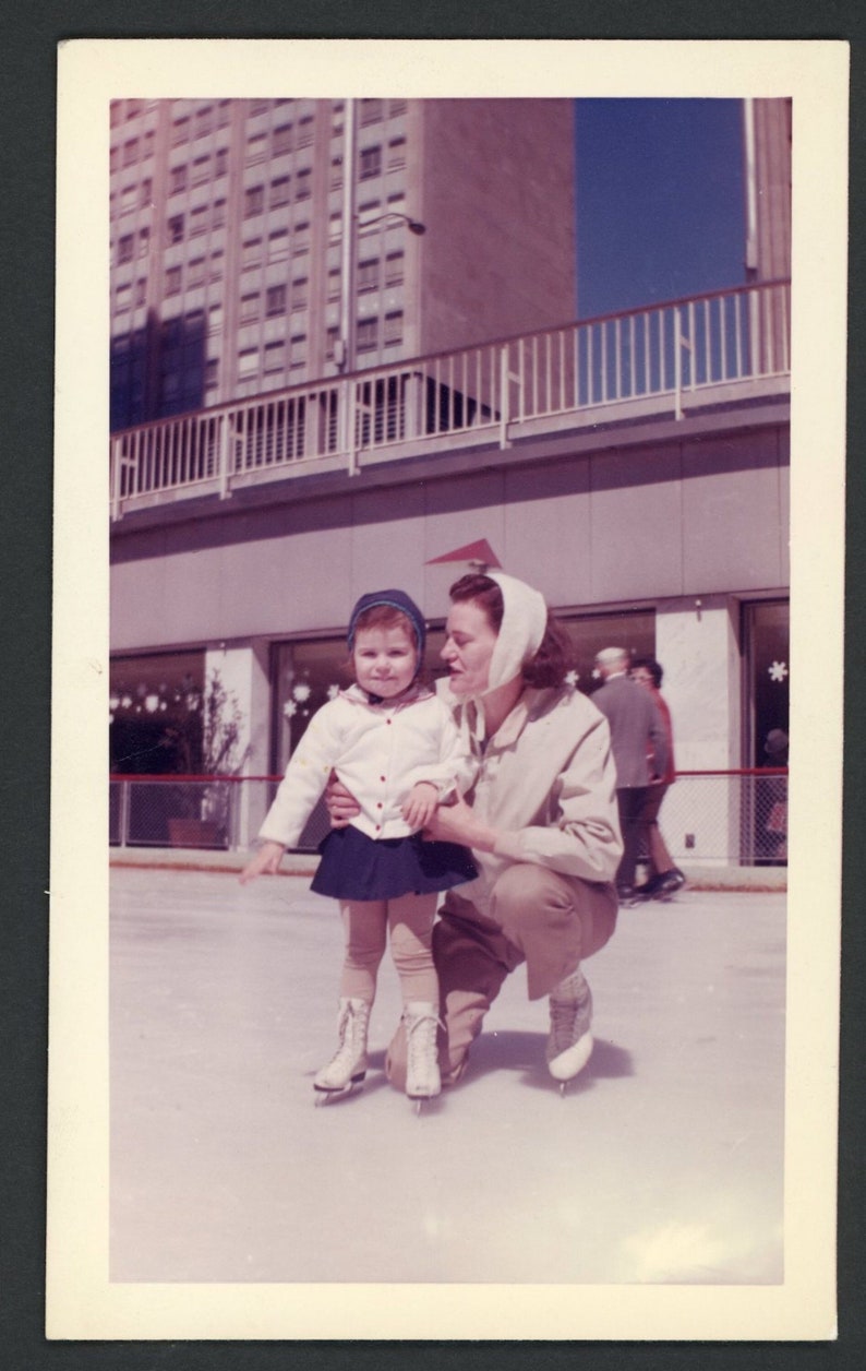 Mother Daughter Ice Skating Young Girl Toddler Woman Penn Center Rink Philadelphia Pennsylvania Original Vintage Photo Snapshot 1960s Winter image 1