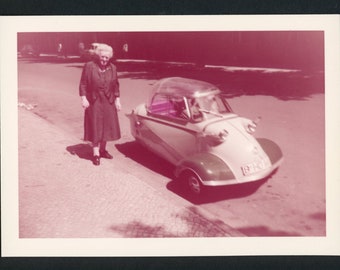 Middle Aged Woman Stands Next to Messerschmitt Bubble Micro Car Germany Street Original Vintage Photo Snapshot 1950s Fashion Automotive