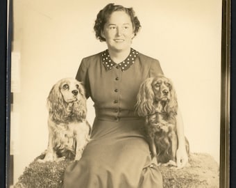 Smiling Woman with Cute Cocker Spaniel Dogs Original Vintage Photo Sepia Studio Snapshot 1930s Family Pets Puppy