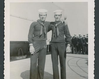 Vintage Photo Snapshot 1940s Handsome Affectionate Sailor Men Friends Arm in Arm Fashion World War II WWII Era