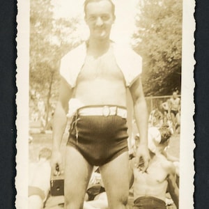 Handsome Man Swimsuit Standing on Crowded Beach Towel on Shoulders Original Vintage Photo Snapshot 1930s Fashion Swimming Beach Summer