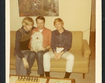 Handsome Men on Sofa with Cute Scruffy Dog Original Vintage Photo Snapshot 1960s Family Pets Puppy Cute Living Room