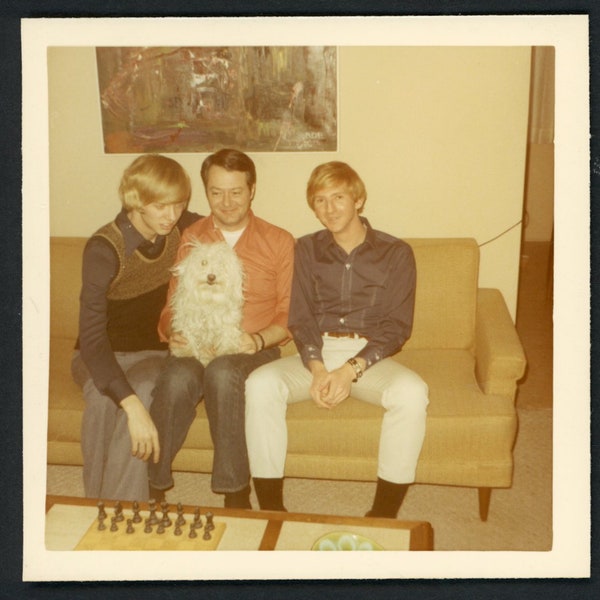 Handsome Men on Sofa with Cute Scruffy Dog Original Vintage Photo Snapshot 1960s Family Pets Puppy Cute Living Room